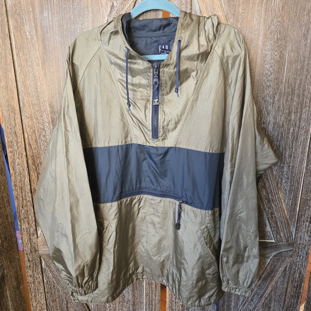 GAP Jacket Adult Size XL Green & Navy Kangaroo Pocket Lightweight Windbreaker - Picture 1 of 6